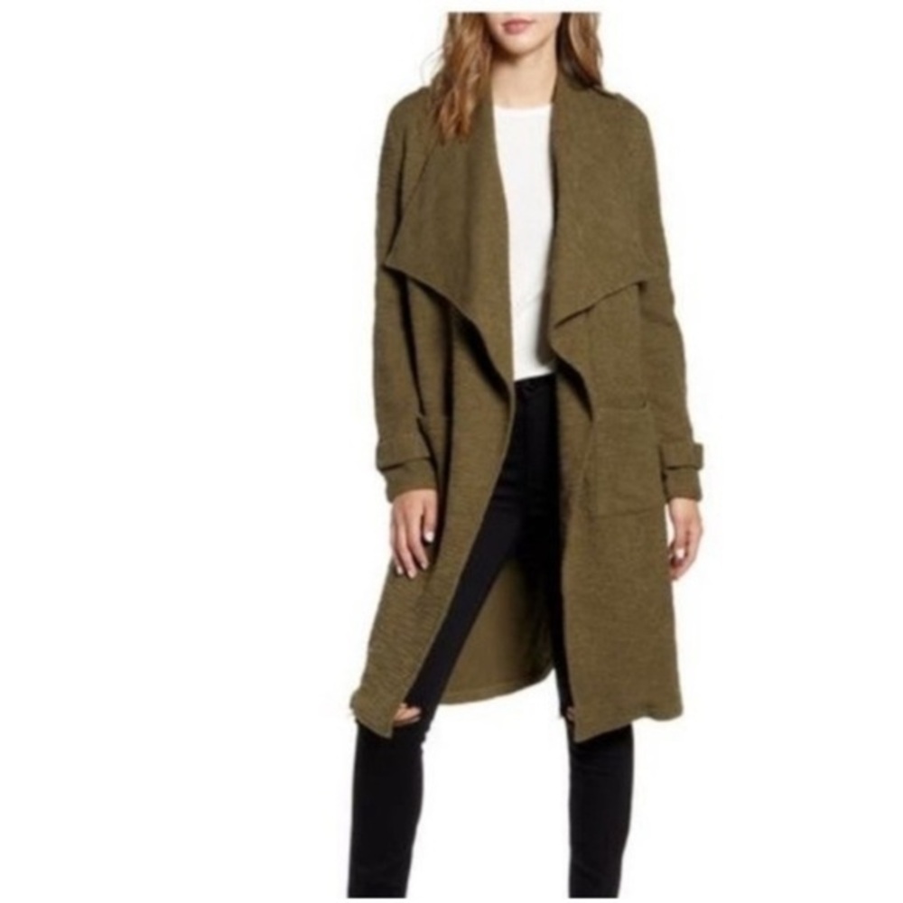 BB Dakota Olive Green Open Front Knit Coat/Duster Pockets Women’s L